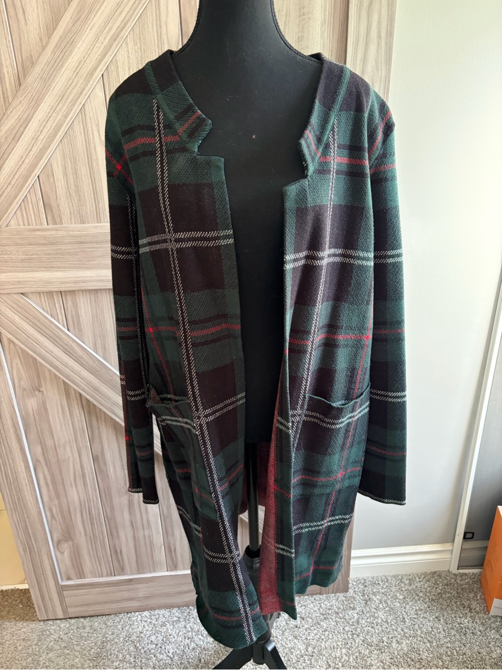 Plaid Open-Front Women’s Cardigan Jacket - Green/Black
